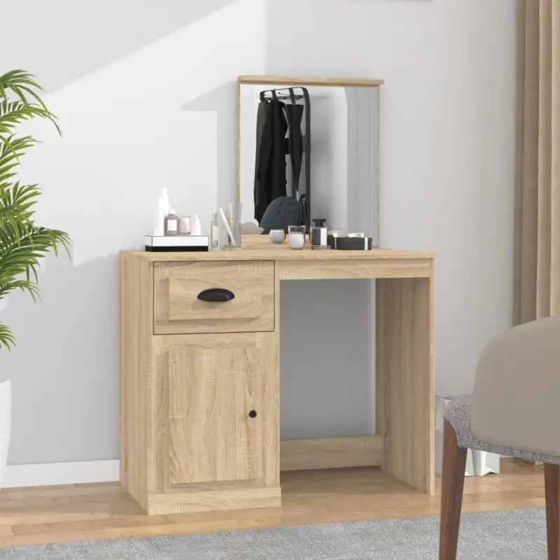 Slaapkamerkaptafel van bewerkt hout met moderne asymmetrische vorm - Sonoma eiken / 1 / met spiegel