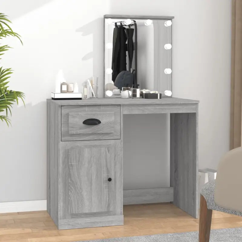 Slaapkamerkaptafel van bewerkt hout met moderne asymmetrische vorm - Grijs sonoma / 1 / met LED - Slaapkamerkaptafels