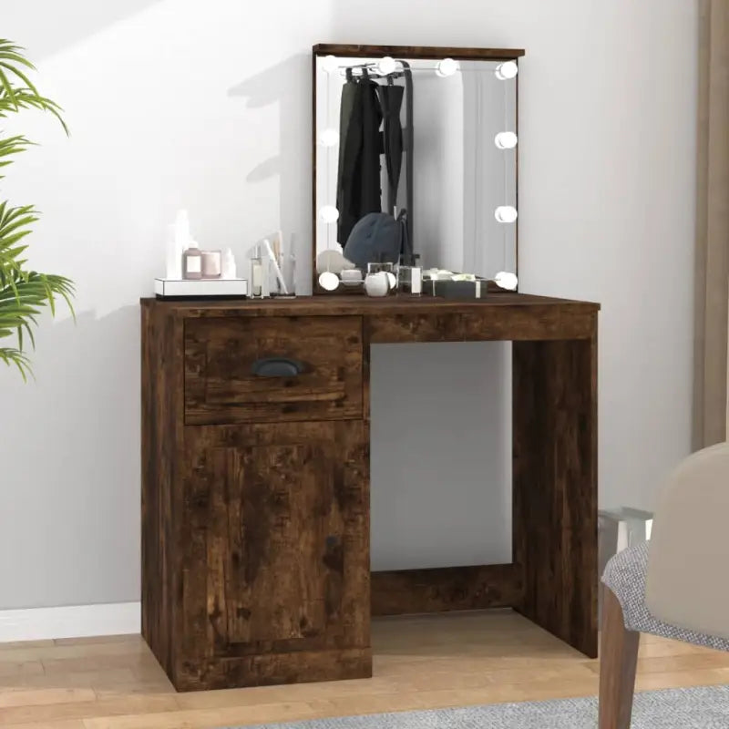Slaapkamerkaptafel van bewerkt hout met moderne asymmetrische vorm - Gerookt eiken / 1 / met LED - Slaapkamerkaptafels