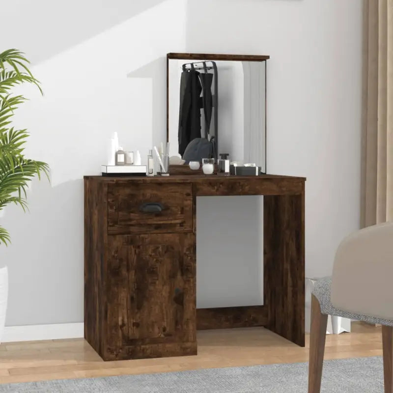 Slaapkamerkaptafel van bewerkt hout met moderne asymmetrische vorm - Gerookt eiken / 1 / met spiegel