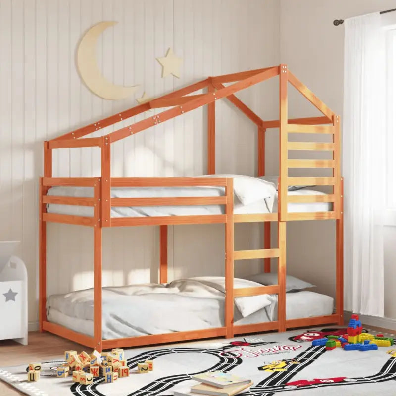 Stapelbed met bedhuis en open zijdeur van massief grenenhout in wit materiaal - Wasbruin / 75 x 190 cm - Bedden &
