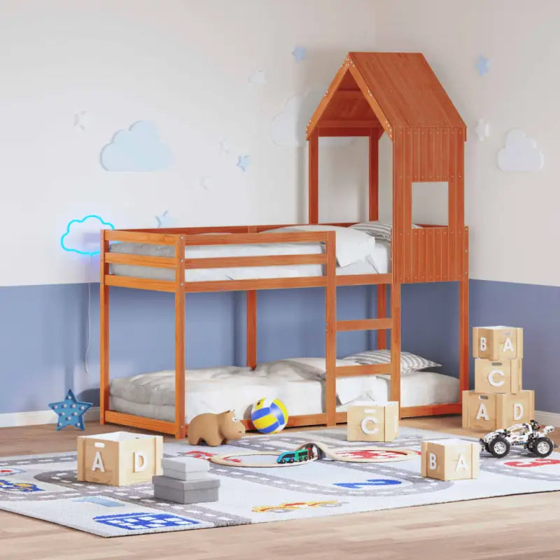 Stapelbed met bedhuis in massief grenenhout en open zijdeur - Wasbruin / 75 x 190 cm - Bedden & bedframes