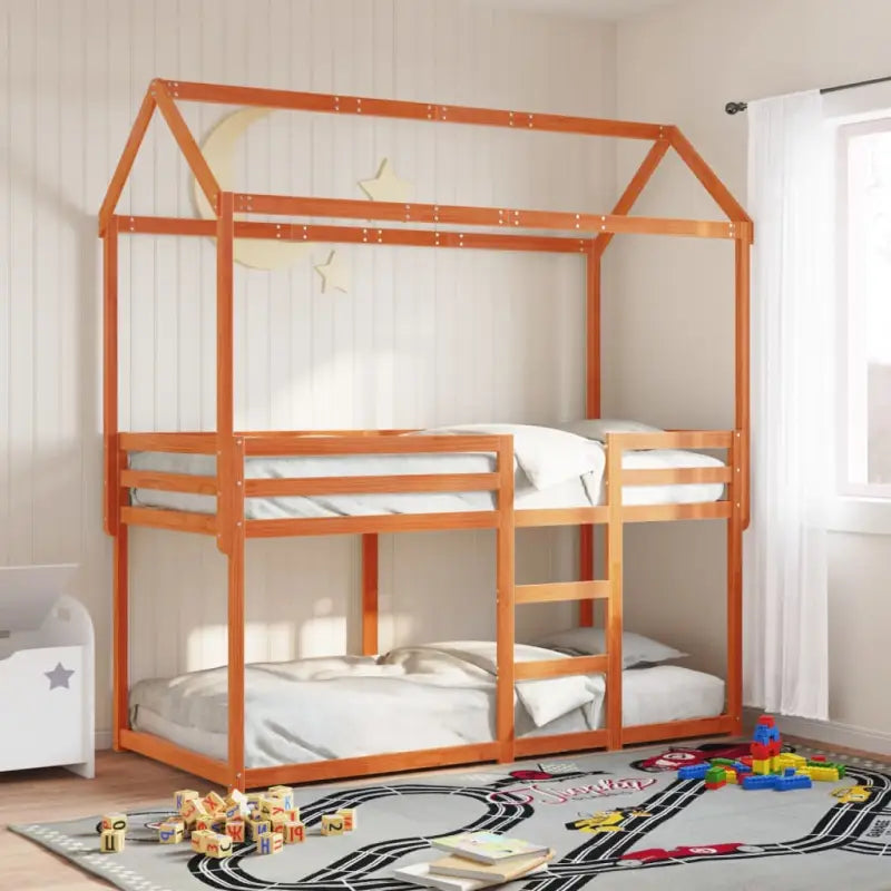 Stapelbed met bedhuis in massief grenenhout en open zijdeur - Wasbruin / 80 x 200 cm - Bedden & bedframes