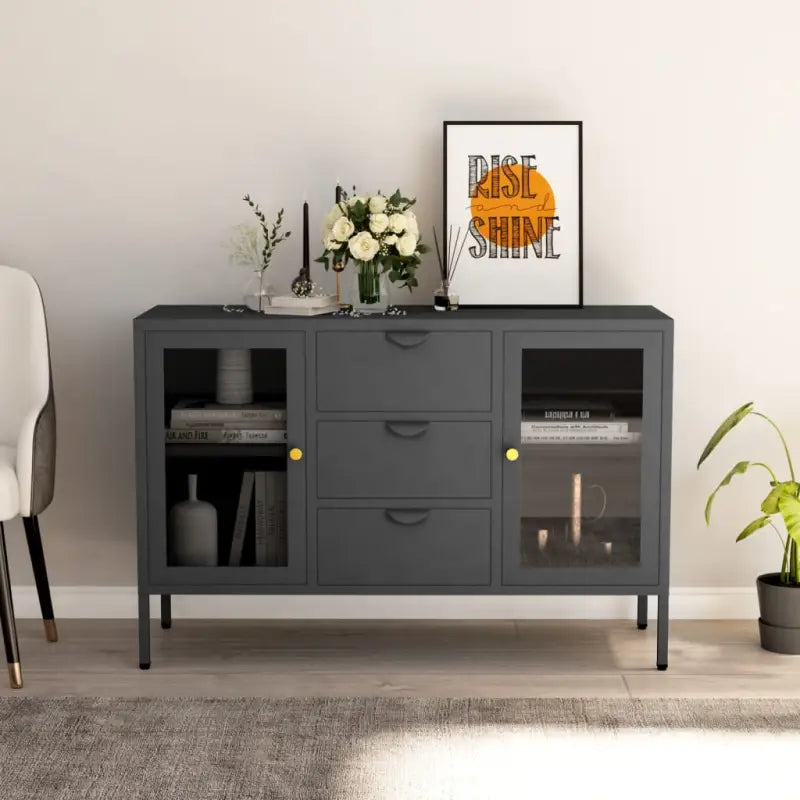 Strak dressoir met gehard glas en verstelbare schappen - Antraciet / 1 - Dressoirs & buffetkasten