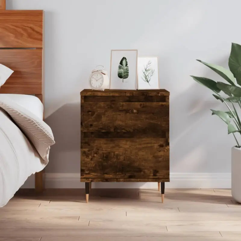 Trendachtige nachtkastjes met bewerkt hout en metalen poten - Gerookt eiken / 1 - Nachtkastjes