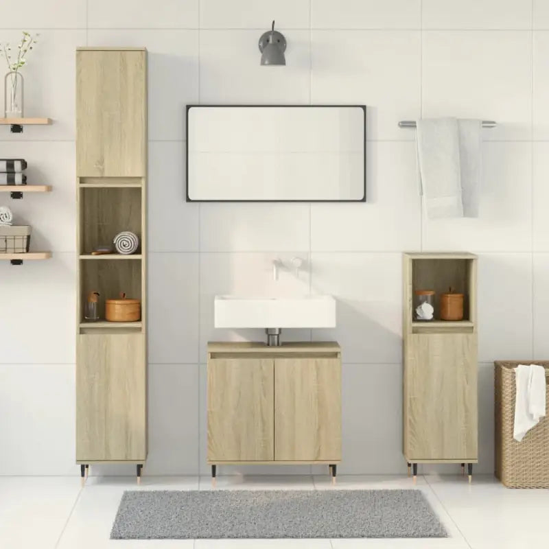 Trendy badkamermeubelset met bewerkt hout en ijzeren poten - Badkamermeubelsets