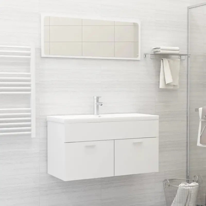 Trendy badkamermeubelset met bewerkt hout en wit materiaal - Wit / 90 x 38.5 x 46 cm - Badkamermeubelsets