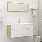 Trendy badkamermeubelset met bewerkt hout en wit materiaal - Wit en sonoma eiken / 100 x 38.5 x 46 cm