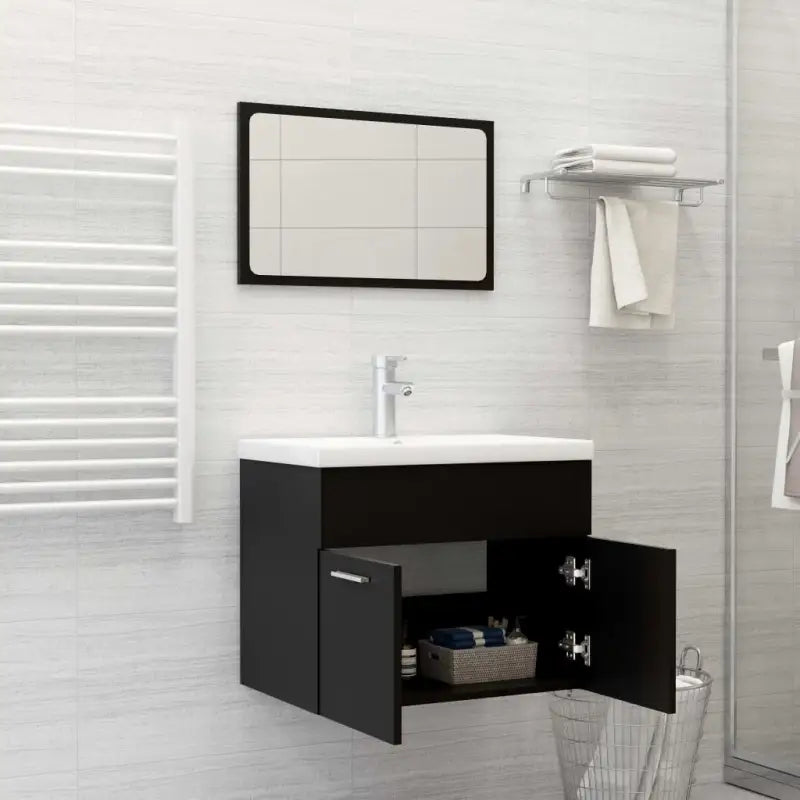 Trendy badkamermeubelset met bewerkt hout en wit materiaal - Zwart / 60 x 38.5 x 46 cm - Badkamermeubelsets