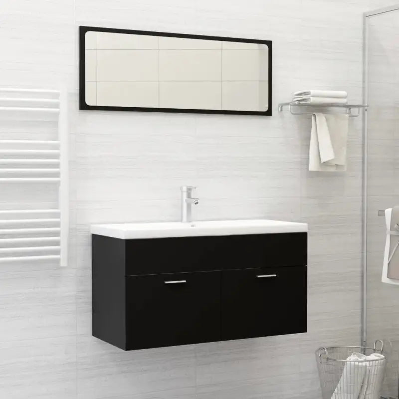 Trendy badkamermeubelset met bewerkt hout en wit materiaal - Zwart / 90 x 38.5 x 46 cm - Badkamermeubelsets