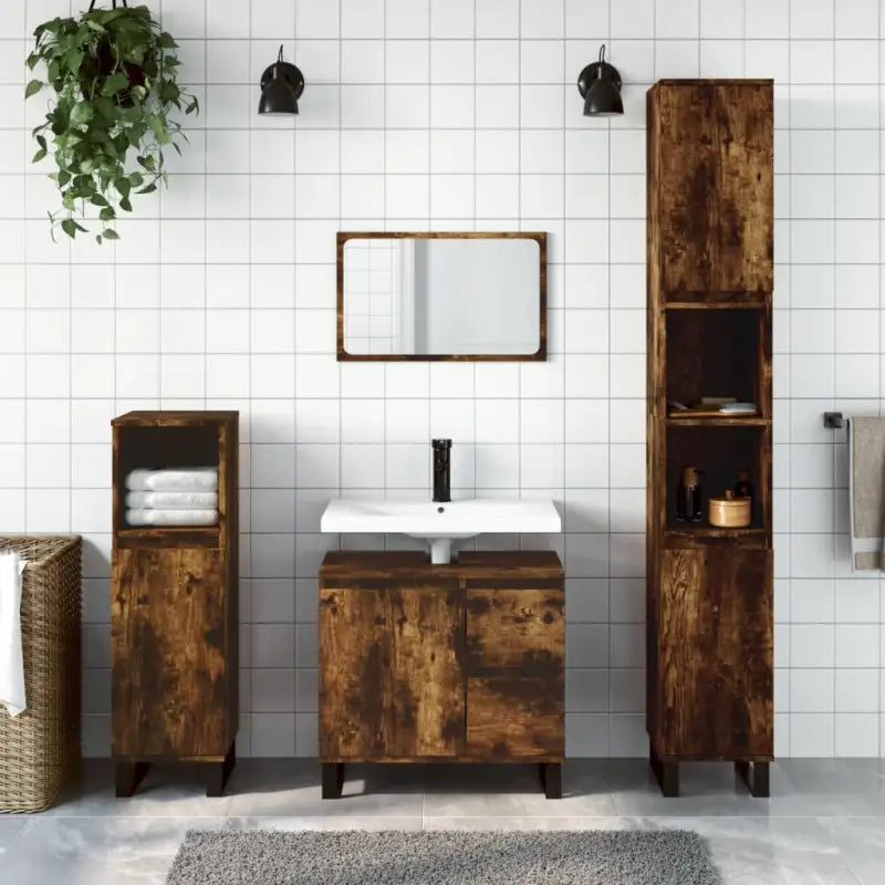 Trendy badkamermeubelset met ijzeren poten en bewerkt hout - Gerookt eiken - Badkamermeubelsets