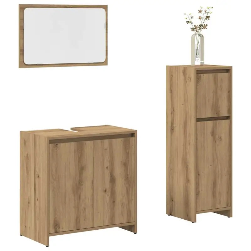 Trendy badkamermeubelset met medium kast en spiegel voor extra opslag - artisanaal eikenkleurig - Badkamermeubelsets