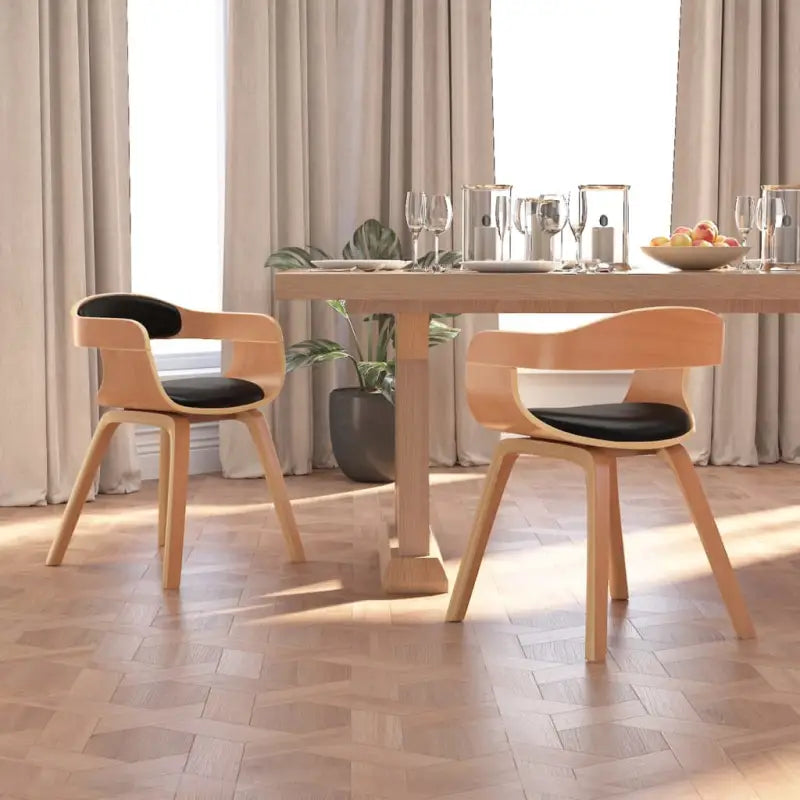 Trendy eetkamerstoelen met gebogen hout en kunstleer voor comfort - Zwart en lichtbruin / 2 - Eetkamerstoelen