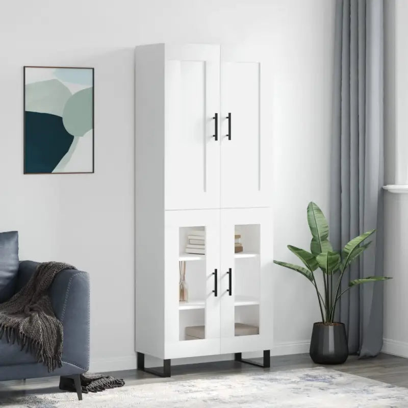 Trendy hoge kast in bewerkt hout met duurzame en stabiele afwerking - Wit / 1 / 2 glazen deuren - Dressoirs &