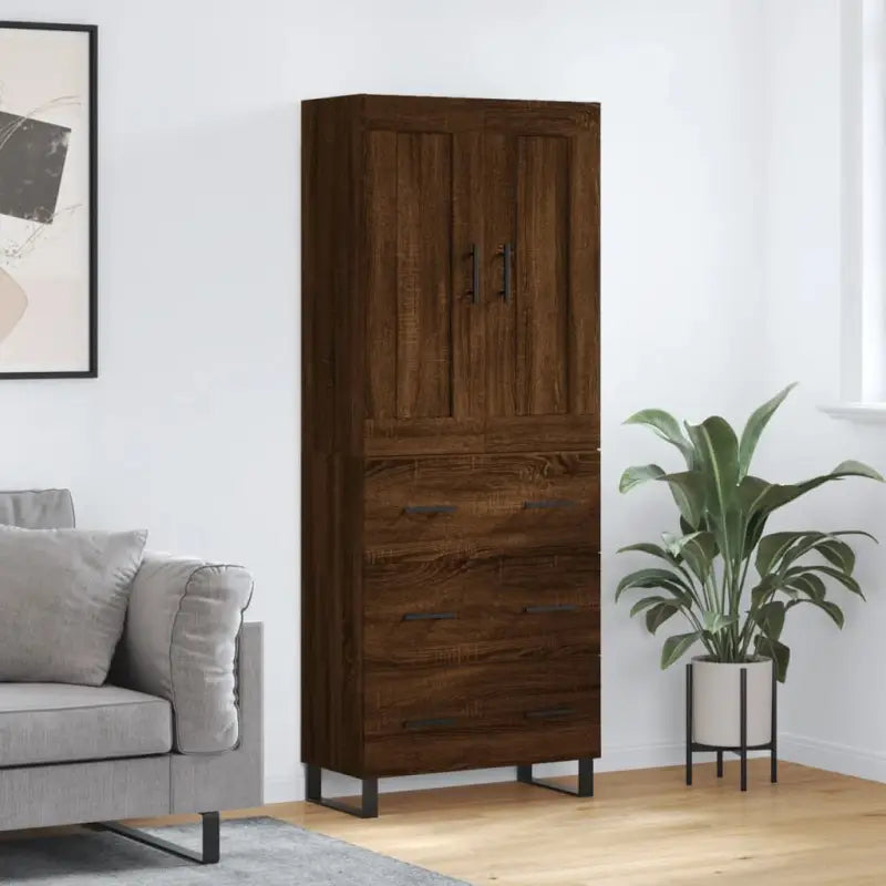 Trendy hoge kast in bewerkt hout met duurzame en stabiele afwerking - bruin eikenkleur / 1 / 3 lades - Dressoirs &
