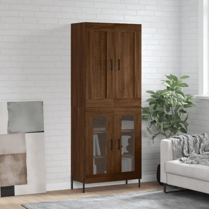 Trendy hoge kast van bewerkt hout met duurzame charme - bruin eikenkleur / 1 / 2 glazen deuren - Dressoirs &