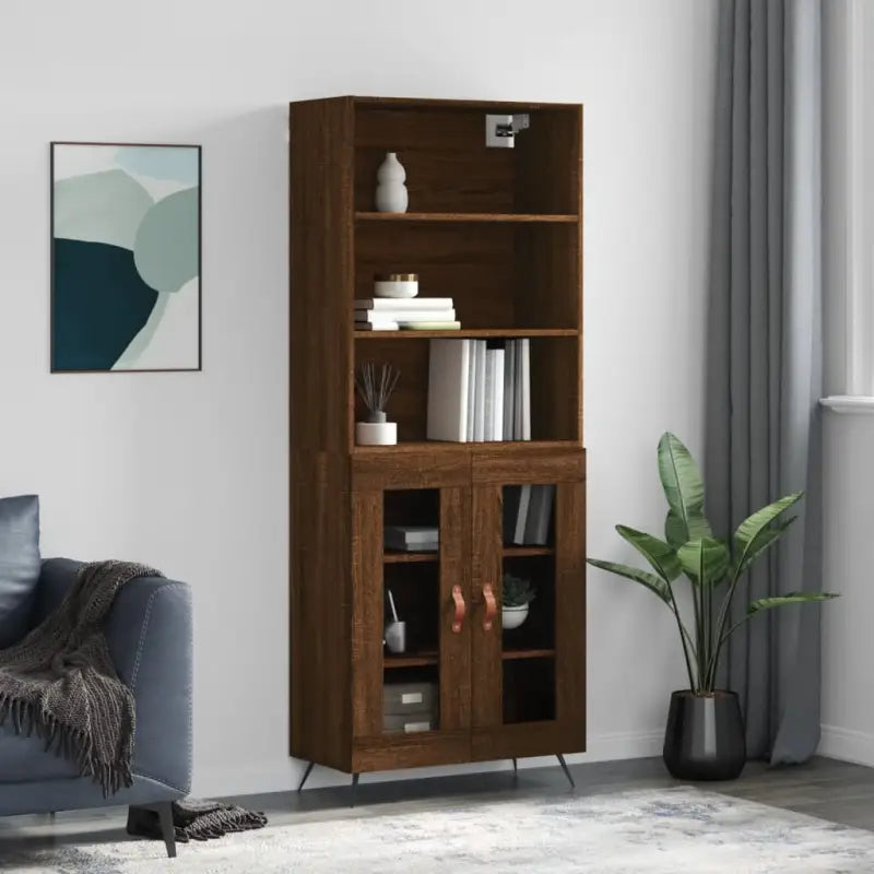 Trendy hoge kast van bewerkt hout met duurzame charme - bruin eikenkleur / 1 / 2 glazen deuren - Dressoirs &