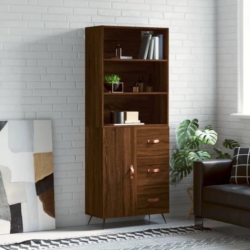 Trendy hoge kast van bewerkt hout met duurzame charme - bruin eikenkleur / 1 / 1 deur 3 lades - Dressoirs & buffetkasten
