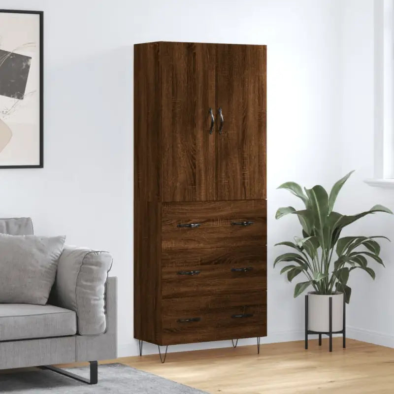 Trendy hoge kast van bewerkt hout met duurzame charme - bruin eikenkleur / 1 / 3 lades - Dressoirs & buffetkasten