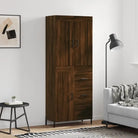 Trendy hoge kast van bewerkt hout met duurzame charme - bruin eikenkleur / 1 / 1 deur 3 lades - Dressoirs & buffetkasten