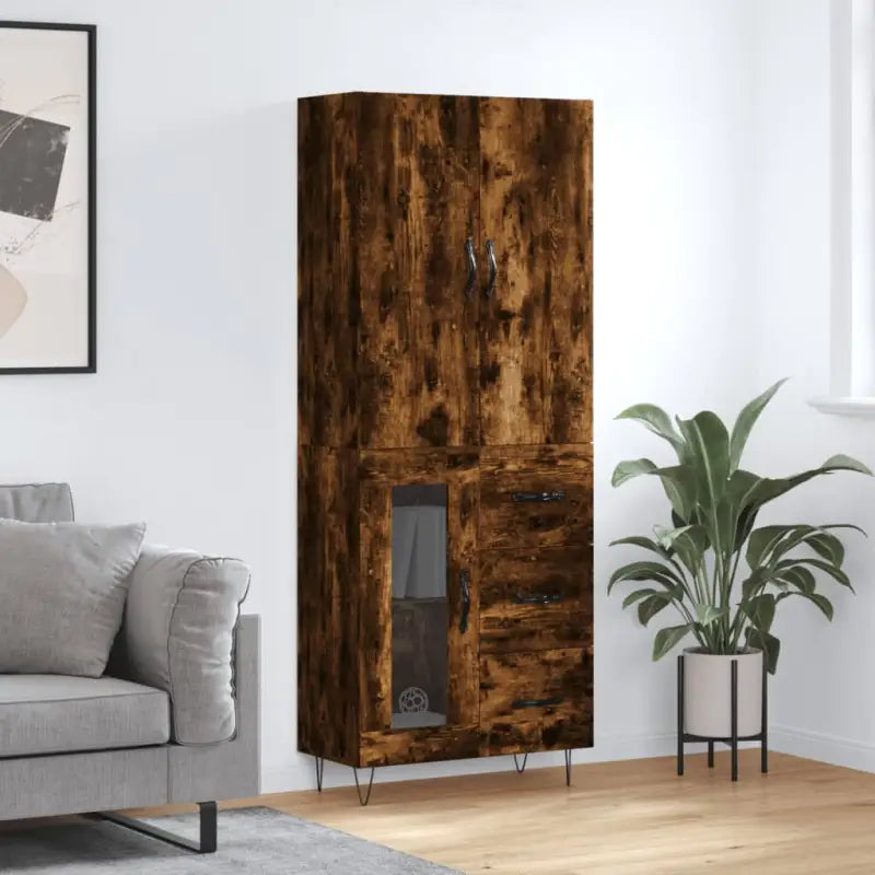 Trendy hoge kast van bewerkt hout met duurzame charme - Gerookt eiken / 1 / 1 glazen deur 3 lades - Dressoirs &