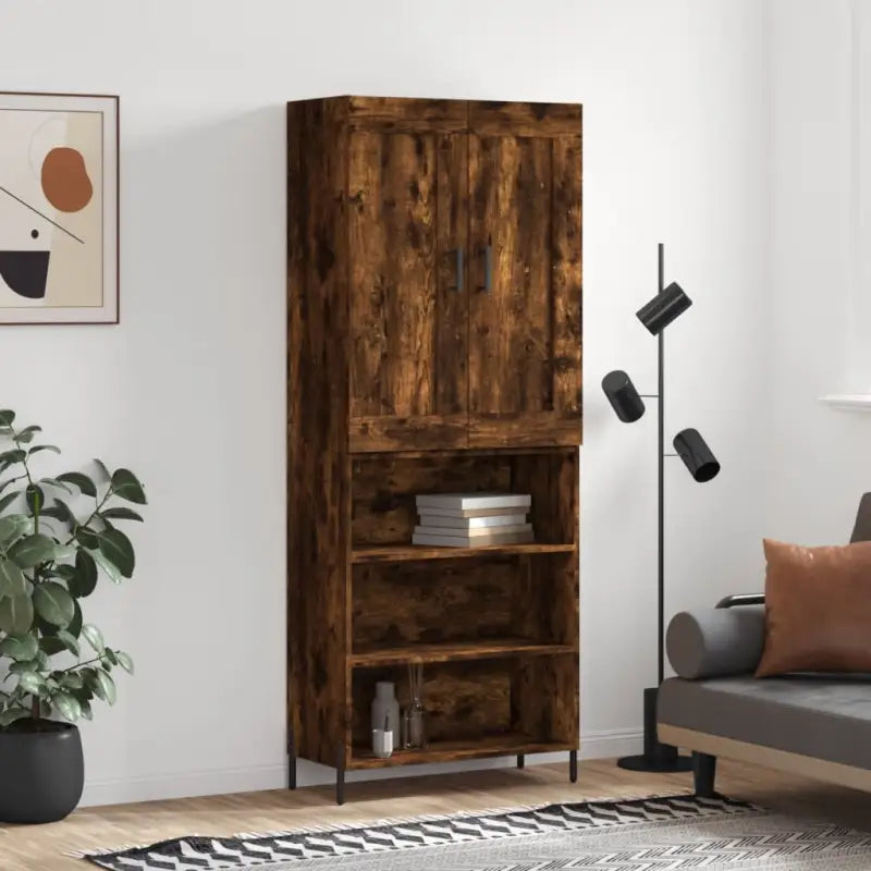 Trendy hoge kast van bewerkt hout met duurzame charme - Gerookt eiken / 1 / 3 schappen - Dressoirs & buffetkasten