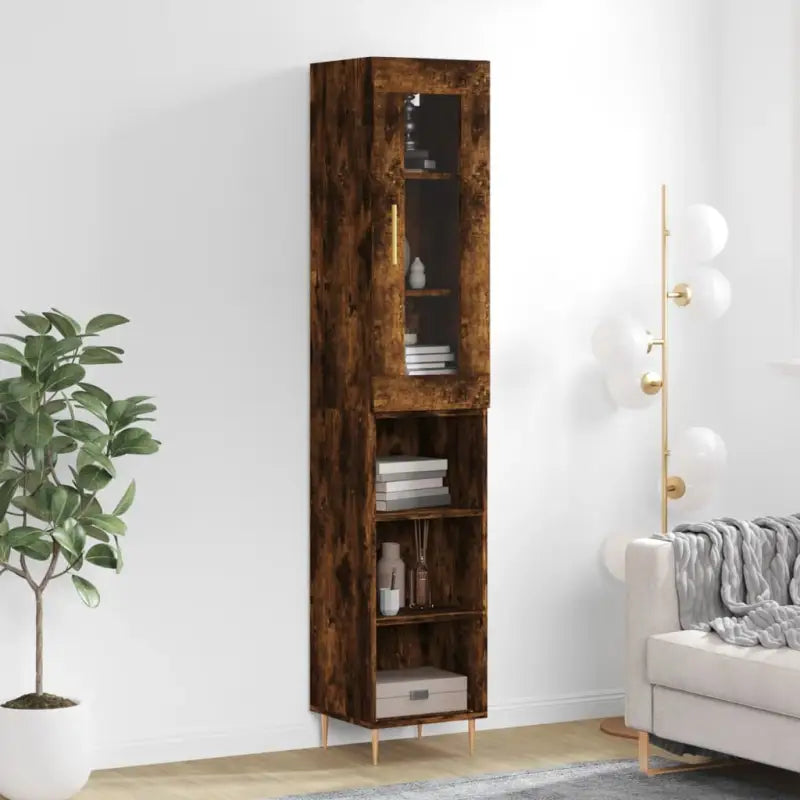 Trendy hoge kast van bewerkt hout met duurzame charme - Gerookt eiken / 1 / 3 schappen - Dressoirs & buffetkasten