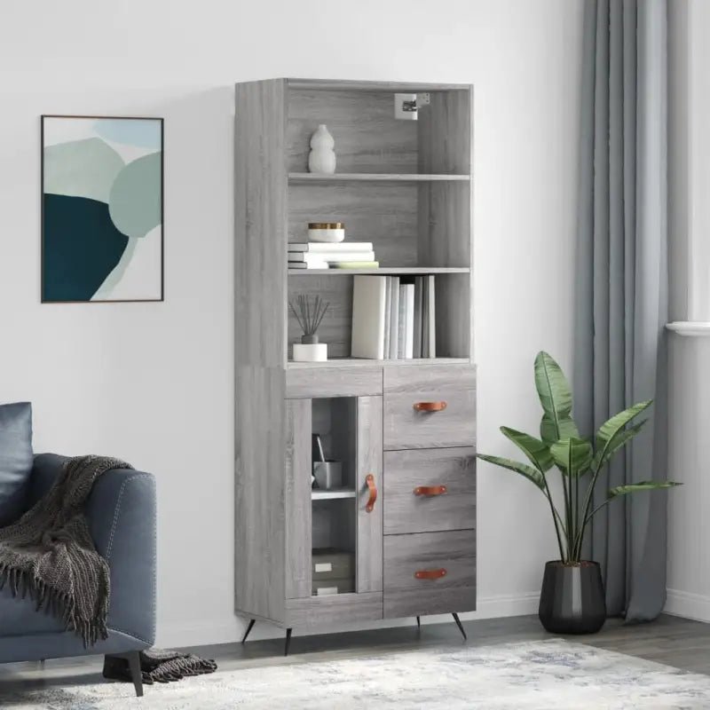 Trendy hoge kast van bewerkt hout met duurzame charme - Grijs sonoma / 1 / 1 glazen deur 3 lades - Dressoirs &