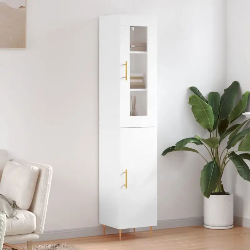 Trendy hoge kast van bewerkt hout met duurzame charme - Hoogglans wit / 1 / 1 deur - Dressoirs & buffetkasten