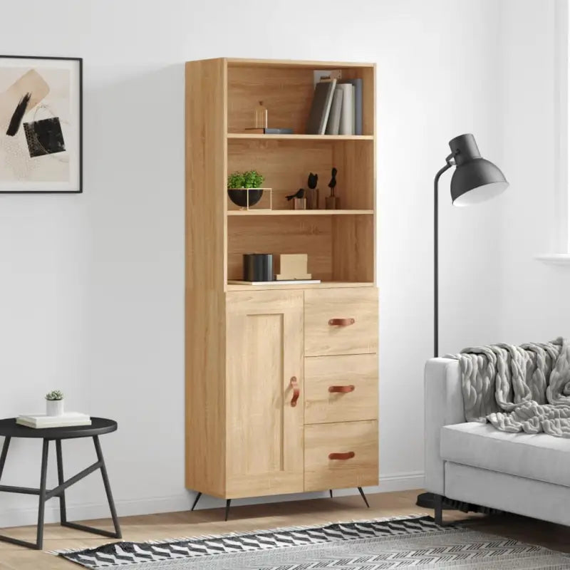 Trendy hoge kast van bewerkt hout met duurzame charme - Sonoma eiken / 1 / 1 houten deur 3 lades - Dressoirs &