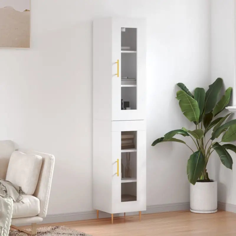 Trendy hoge kast van bewerkt hout met duurzame charme - Wit / 1 / 1 glazen deur - Dressoirs & buffetkasten