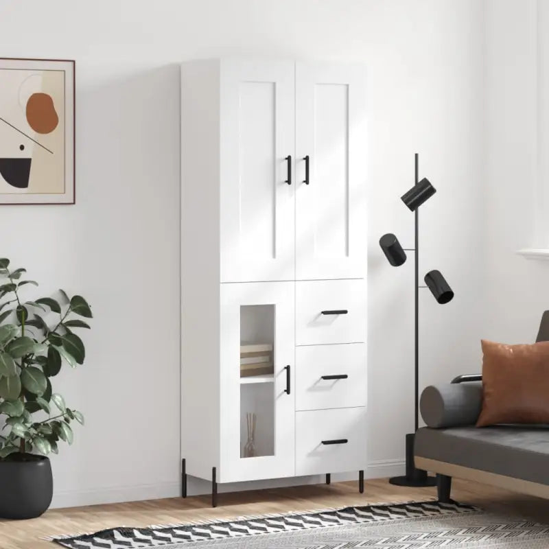 Trendy hoge kast van bewerkt hout met duurzame charme - Wit / 1 / 1 glazen deur 3 lades - Dressoirs & buffetkasten