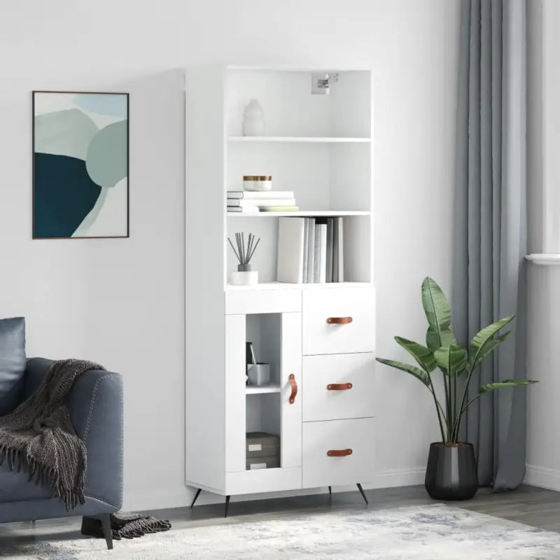 Trendy hoge kast van bewerkt hout met duurzame charme - Wit / 1 / 1 glazen deur 3 lades - Dressoirs & buffetkasten