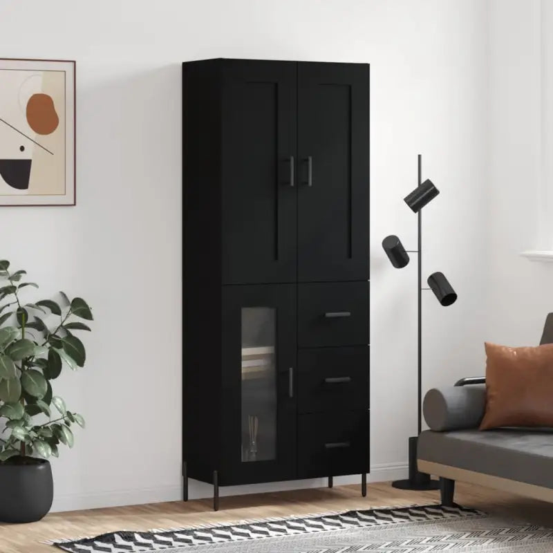 Trendy hoge kast van bewerkt hout met duurzame charme - Zwart / 1 / 1 glazen deur 3 lades - Dressoirs & buffetkasten