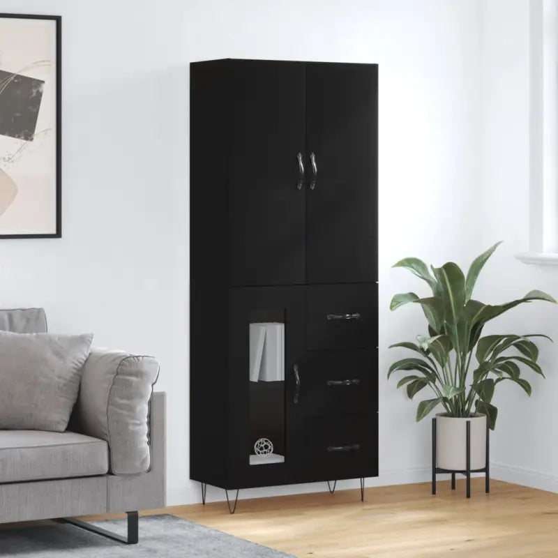 Trendy hoge kast van bewerkt hout met duurzame charme - Zwart / 1 / 1 glazen deur 3 lades - Dressoirs & buffetkasten