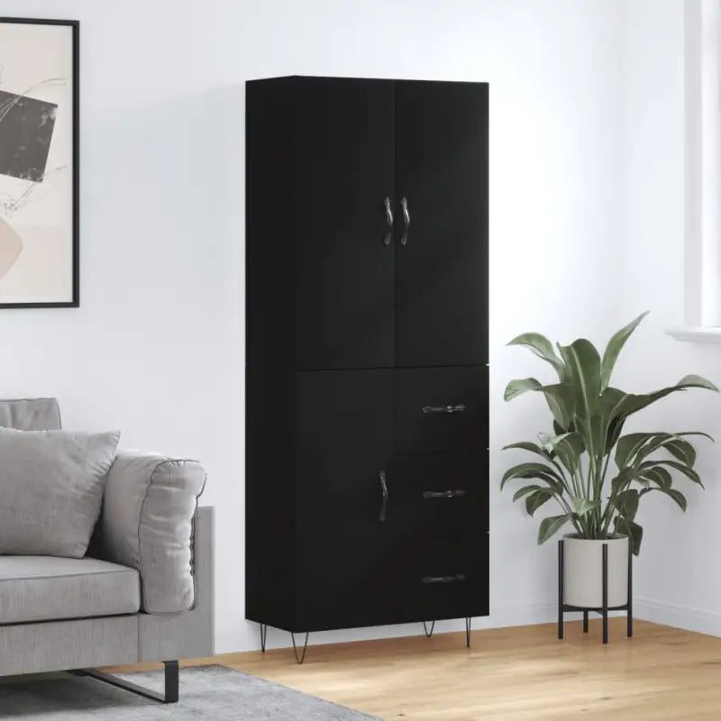 Trendy hoge kast van bewerkt hout met duurzame charme - Zwart / 1 / 1 deur 3 lades - Dressoirs & buffetkasten