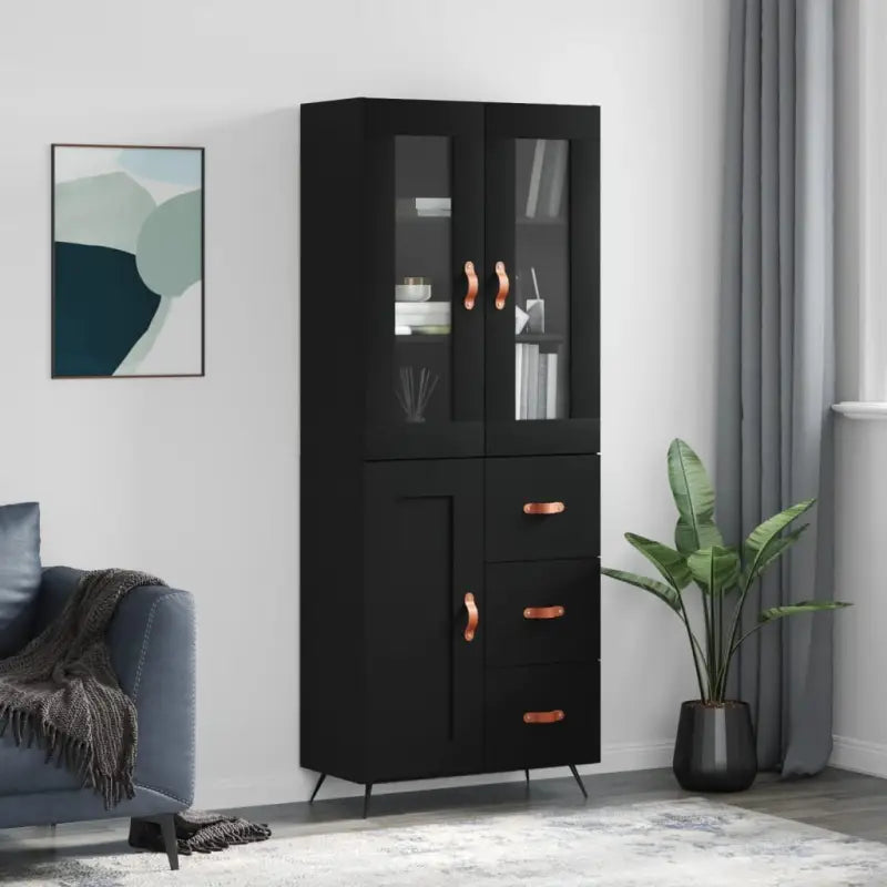 Trendy hoge kast van bewerkt hout met duurzame en stabiele constructie - Zwart / 1 / 1 houten deur 3 lades - Dressoirs