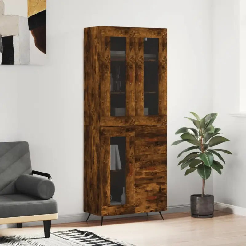 Trendy hoge kast van bewerkt hout met duurzame en stabiele constructie - Gerookt eiken / 1 / 1 glazen deur 3 lades