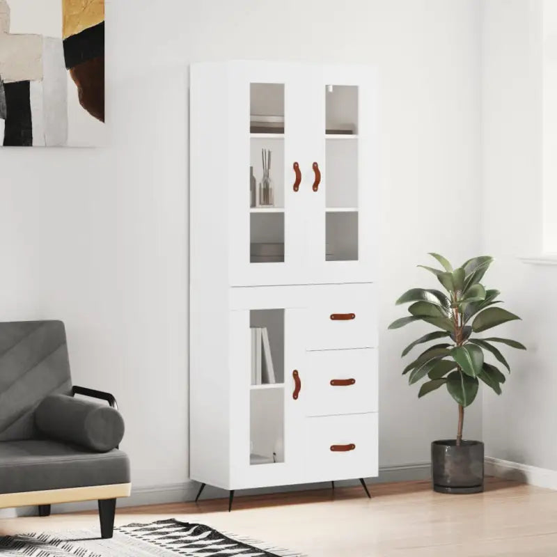 Trendy hoge kast van bewerkt hout met duurzame en stabiele constructie - Wit / 1 / 1 glazen deur 3 lades - Dressoirs &