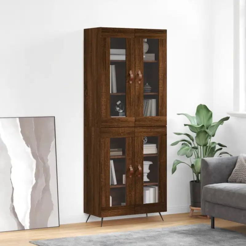Trendy hoge kast van bewerkt hout met duurzame en stabiele constructie - bruin eikenkleur / 1 / 2 glazen deuren