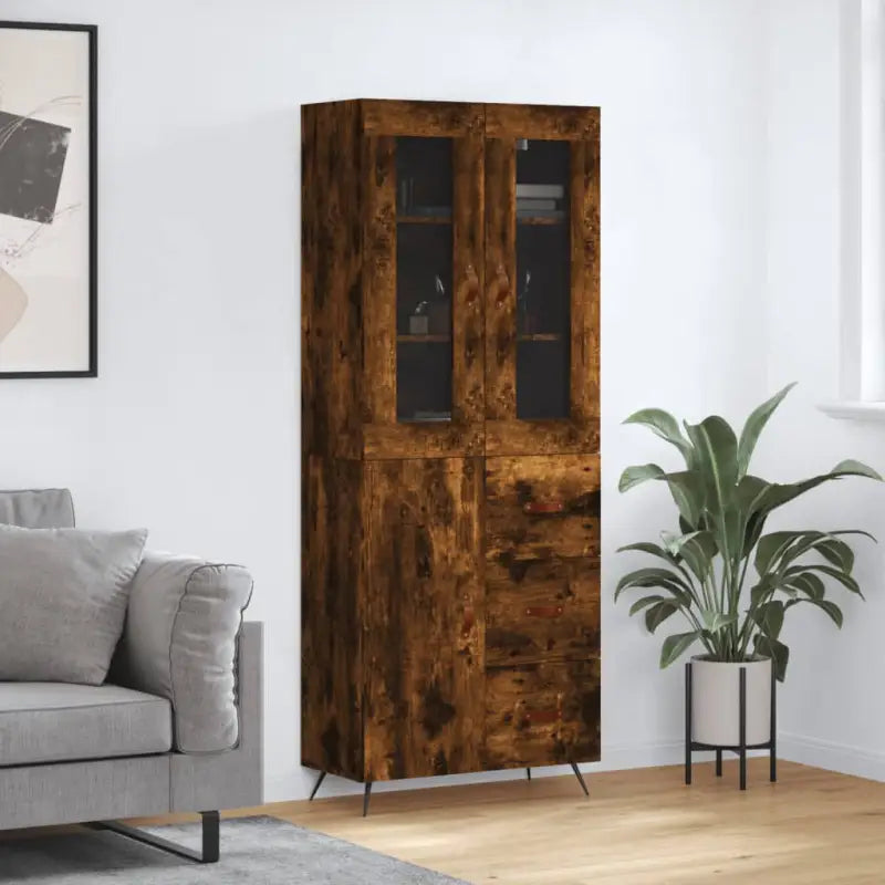Trendy hoge kast van bewerkt hout met duurzame en stabiele constructie - Gerookt eiken / 1 / 1 deur 3 lades - Dressoirs