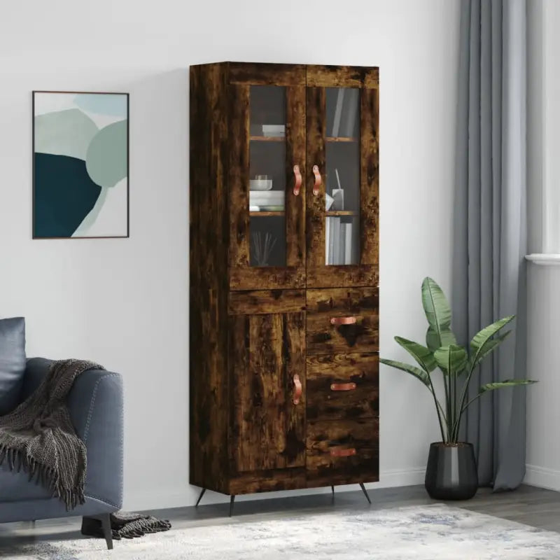 Trendy hoge kast van bewerkt hout met duurzame en stabiele constructie - Gerookt eiken / 1 / 1 houten deur 3 lades