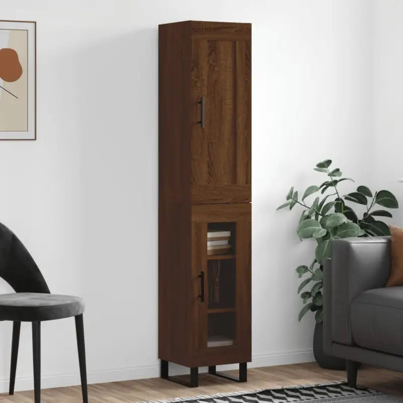 Trendy hoge kast van bewerkt hout met duurzame en stabiele kwaliteit - bruin eikenkleur / 1 / 1 glazen deur - Dressoirs