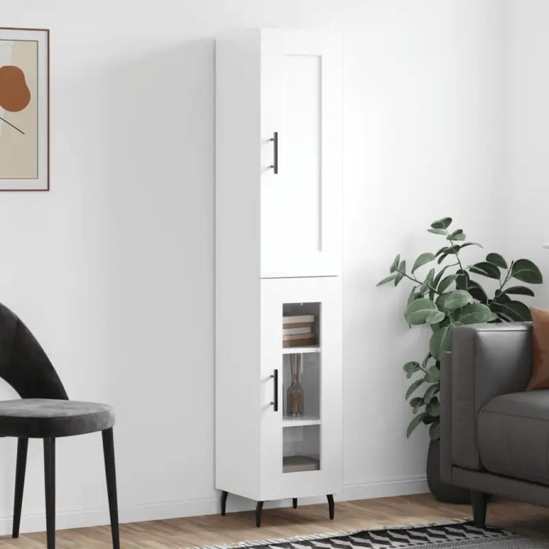 Trendy hoge kast van bewerkt hout met duurzame en stabiele kwaliteit - Hoogglans wit / 1 / 1 glazen deur - Dressoirs &