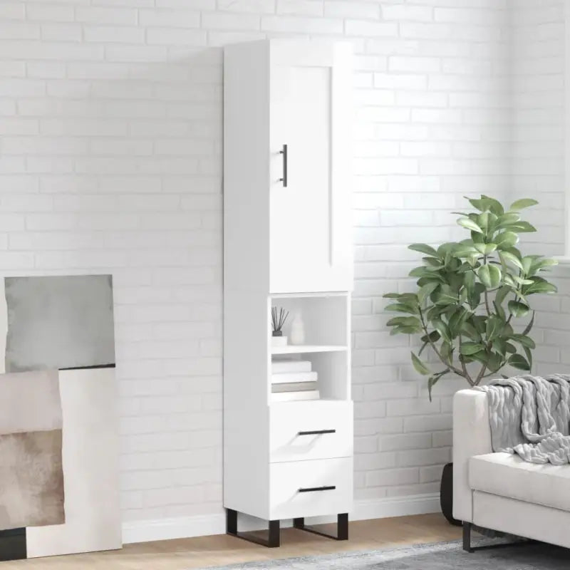 Trendy hoge kast van bewerkt hout met duurzame en stabiele kwaliteit - Hoogglans wit / 1 / 2 lades 2 schappen