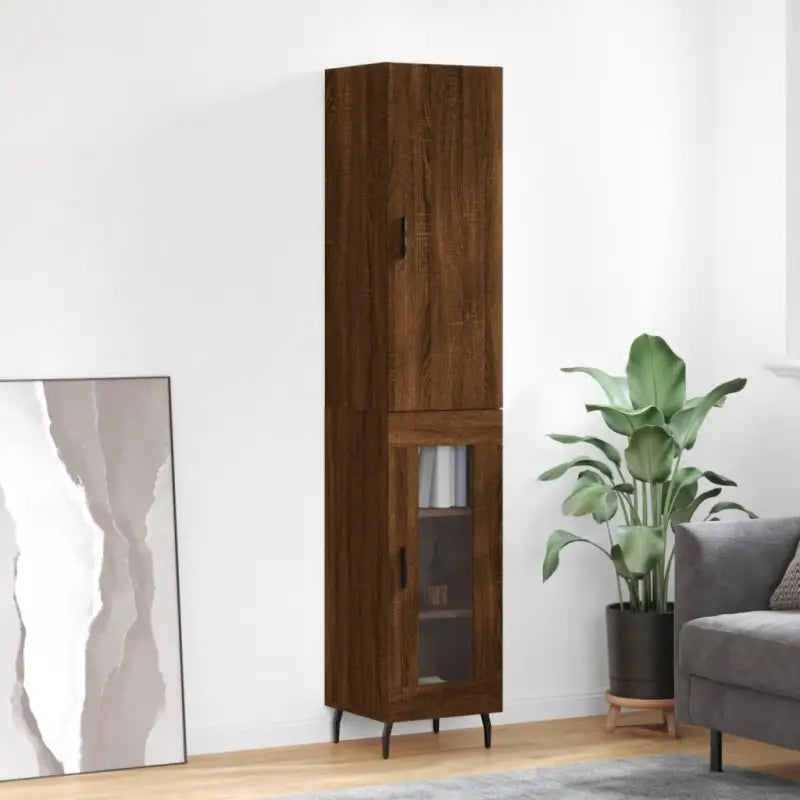 Trendy hoge kast van bewerkt hout voor een uniek interieur - bruin eikenkleur / 1 / 1 glazen deur - Dressoirs &