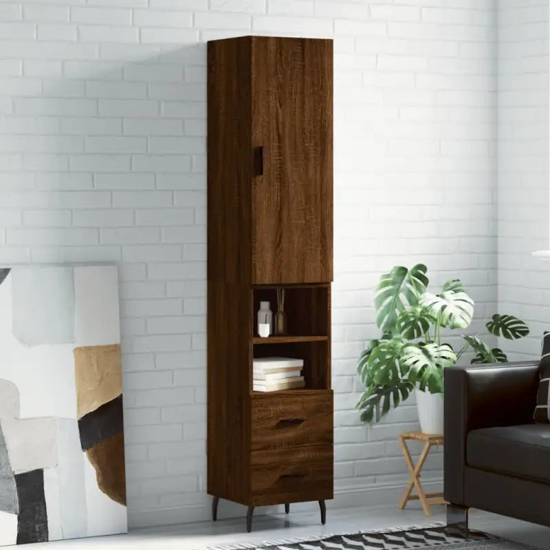 Trendy hoge kast van bewerkt hout voor een uniek interieur - bruin eikenkleur / 1 / 2 lades 2 schappen - Dressoirs &