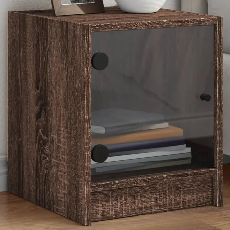 Trendy nachtkastje met glazen deur en stabiel blad voor kleine spullen - bruin eikenkleur / 1 - Nachtkastjes