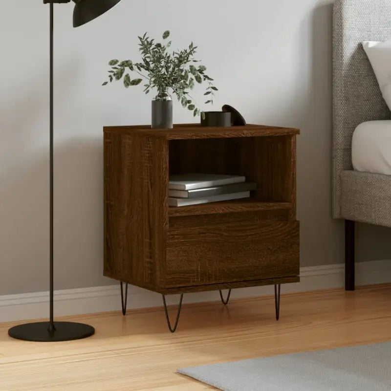 Trendy nachtkastjes met bewerkt hout en metalen poten voor een strak interieur - bruin eikenkleur / 1 - Nachtkastjes