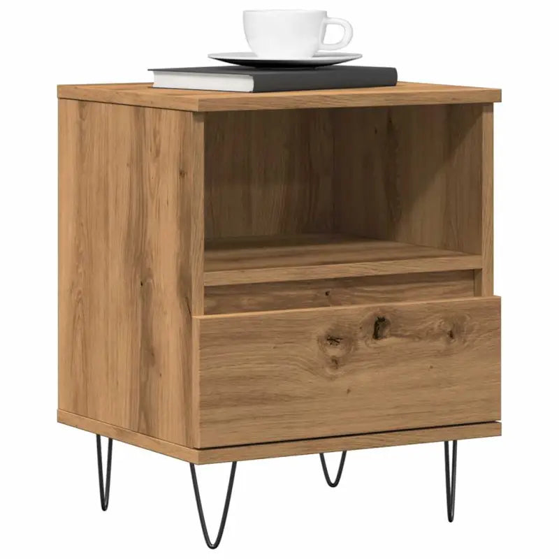 Trendy nachtkastjes met bewerkt hout en metalen poten voor een strak interieur - artisanaal eikenkleurig / 1
